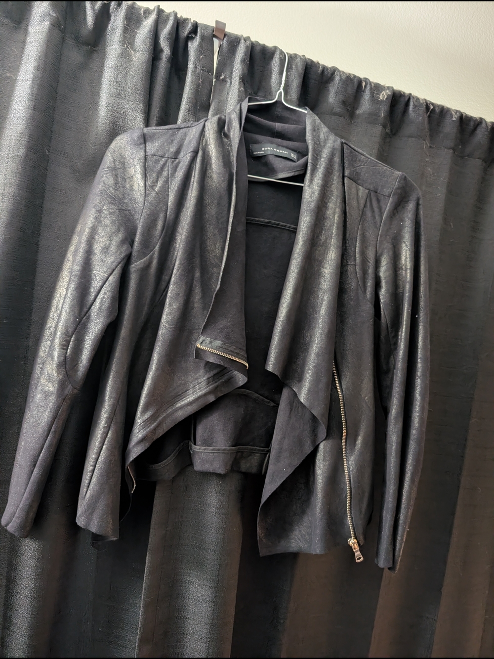 Zara Black Draped Faux Leather Blazer with Asymmetric Zip